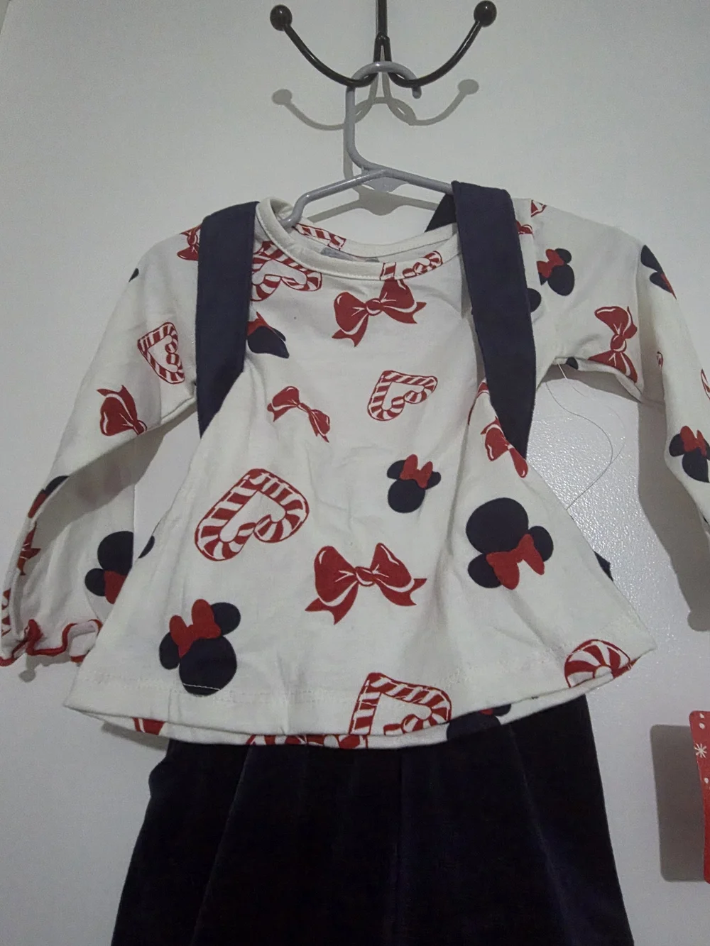 Disney Minnie Mouse  Navy Velvet Suspender Skirt with White Red-Bow Print Top